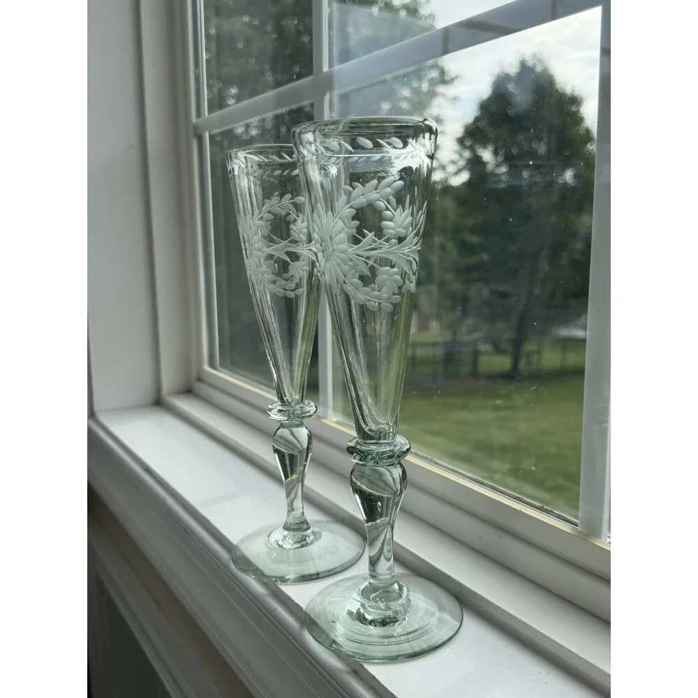 Rios Interiors Hand Blown Etched Champagne Flutes Set of 2 Floral Glass 10” Boho